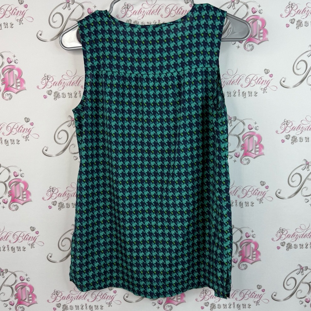 Van Heusen tank top blue green Teal Houndstooth Sleeveless Blouse flowy - Picture 2 of 10